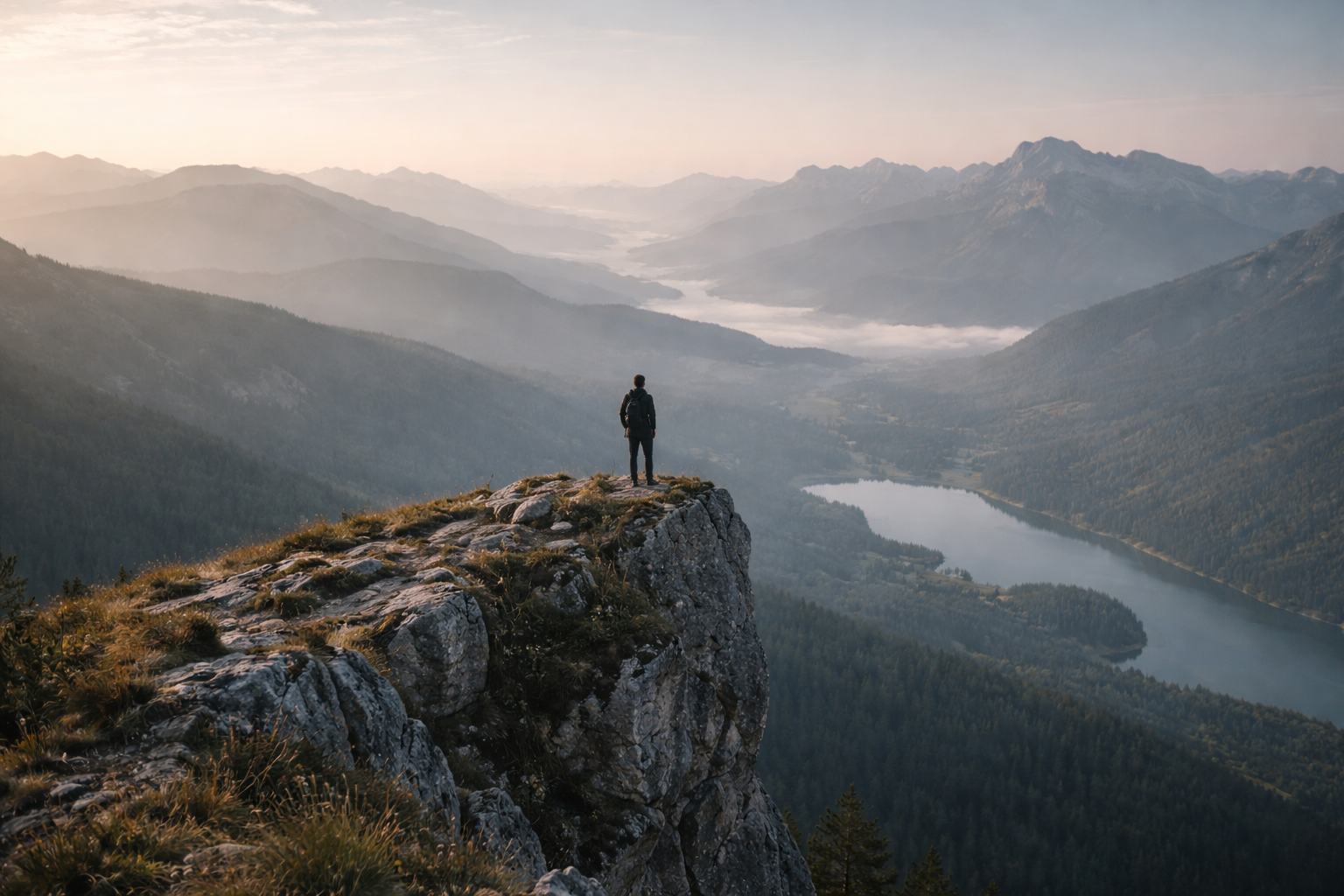 Man standing on mountain cliff overlooking vast valley with river and morning mist