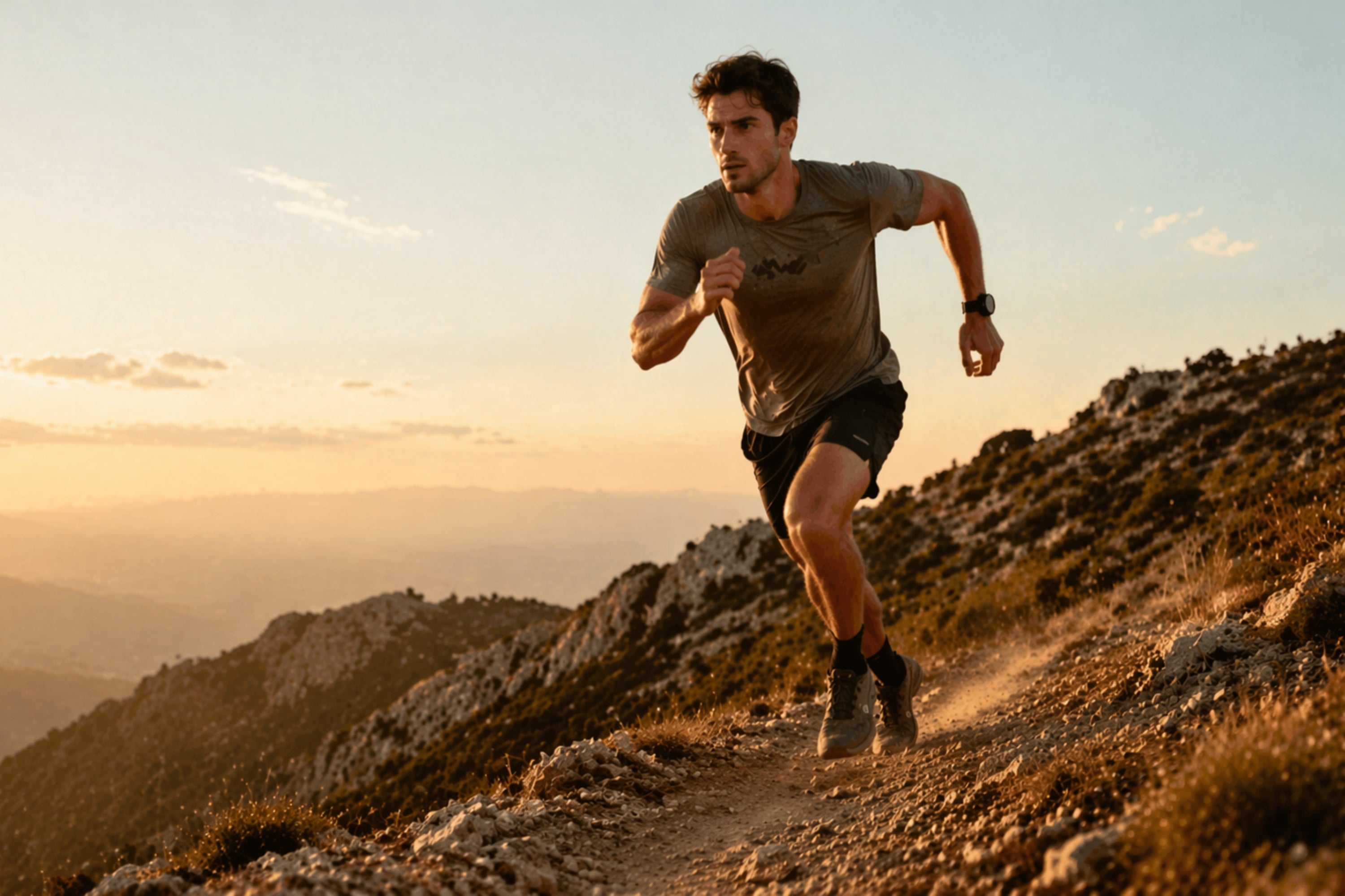 Man running on a mountain trail during sunset